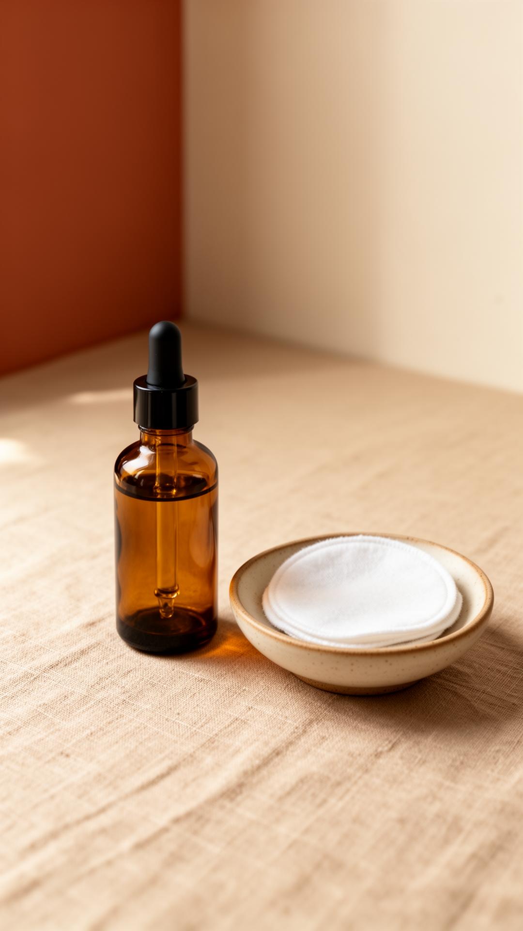 Amber dropper bottle and ceramic dish on linen surface in soft morning light